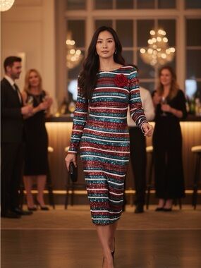 NWT Sequin Stripe Midi Dress Size M Glam Holiday Party Bodycon Dress